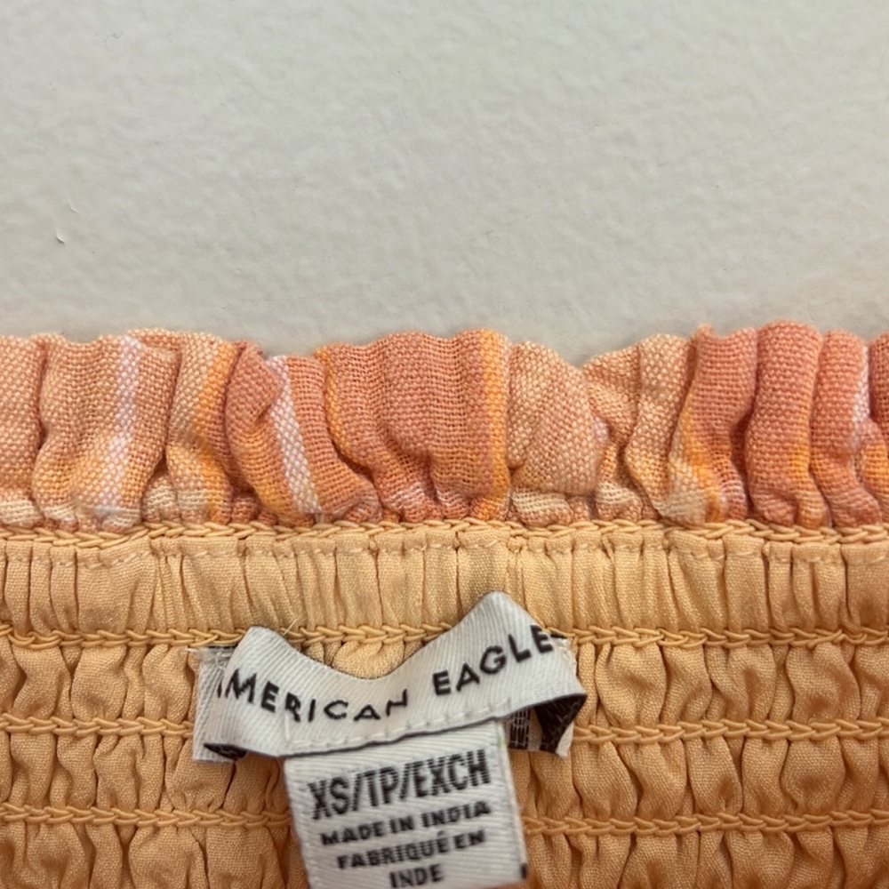 American Eagle Smockin On Sunshine Strapless Dress Peach Plaid Linen Blend | XS - Picture 8 of 9
